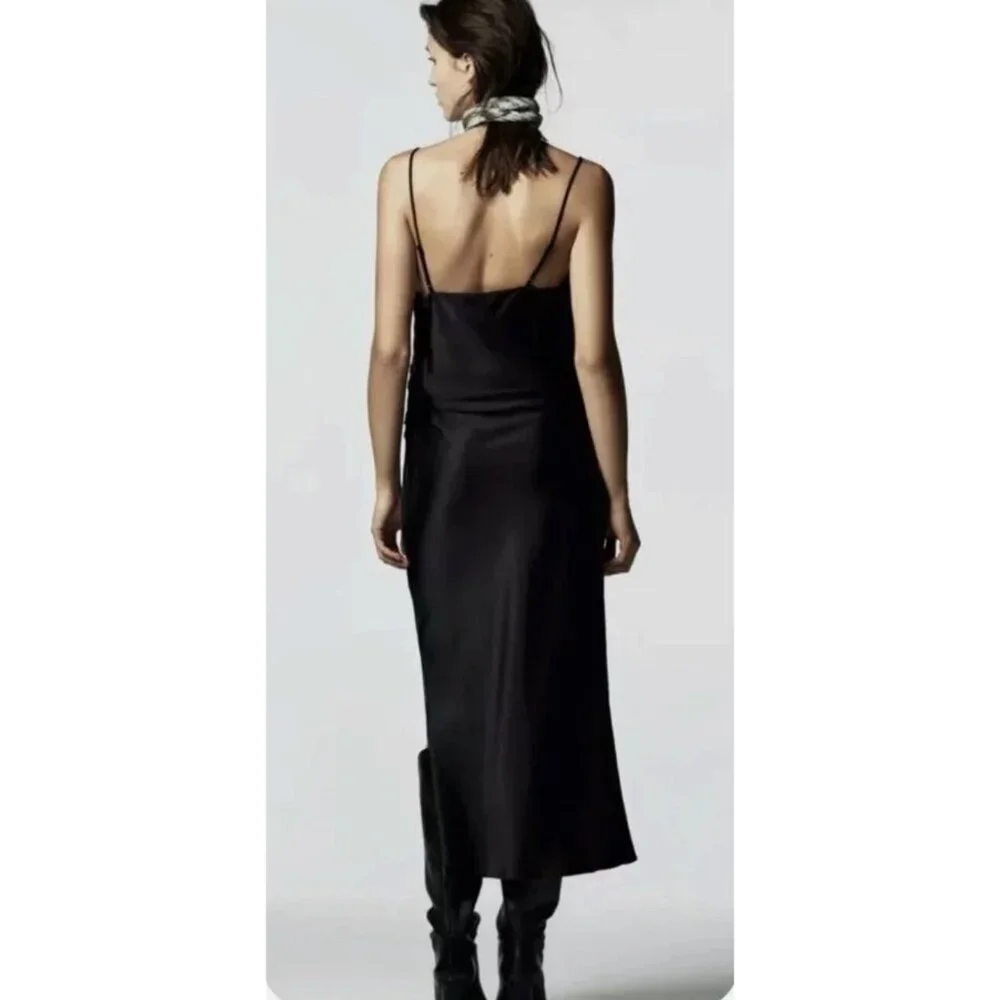 Zara Side Ruched Midi Slip Dress Satin Effect Black Straps Sleek Party Small - Picture 5 of 16